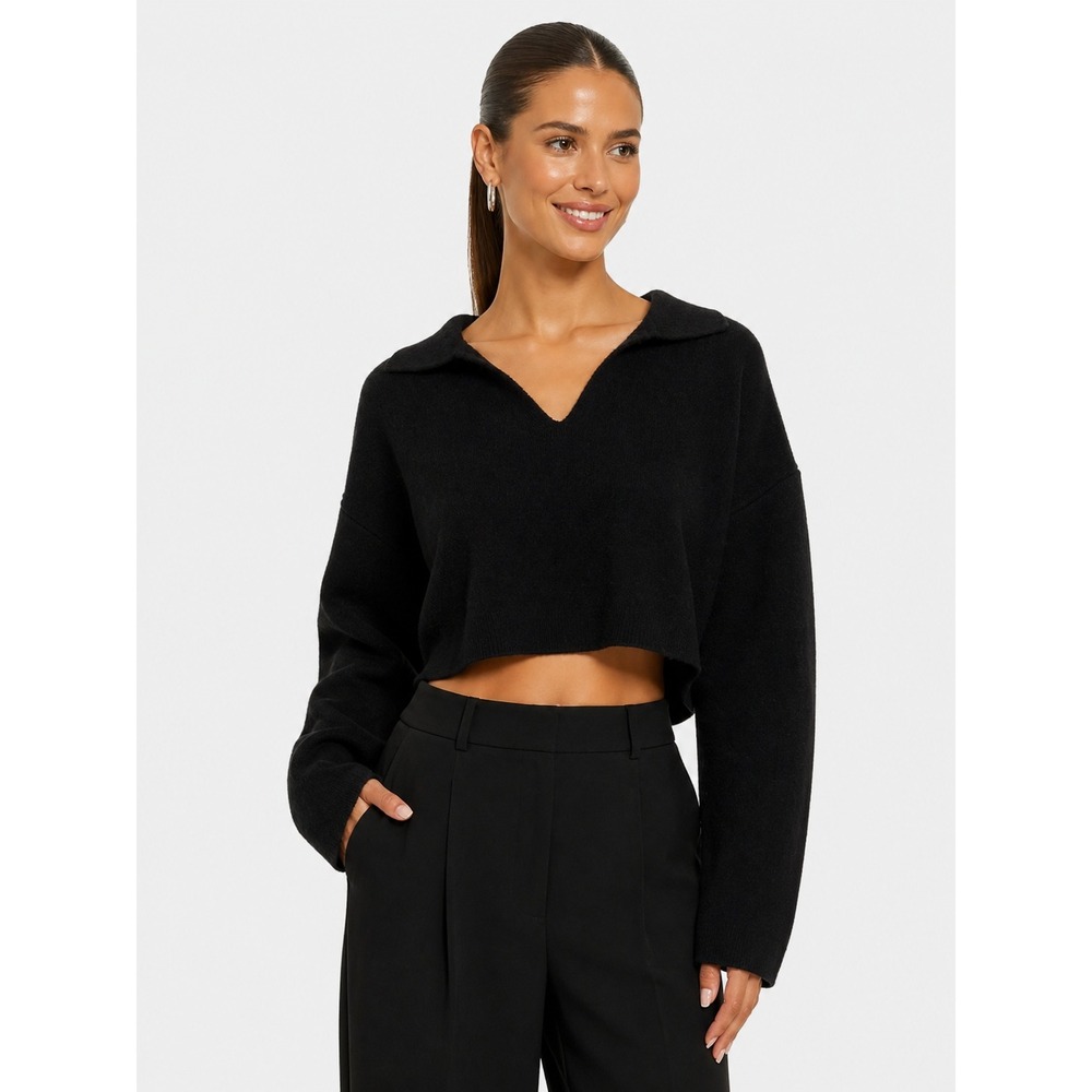 OAK + FORT Black Collared Cropped V-Neck Sweater S Minimalist Basic - Picture 1 of 8